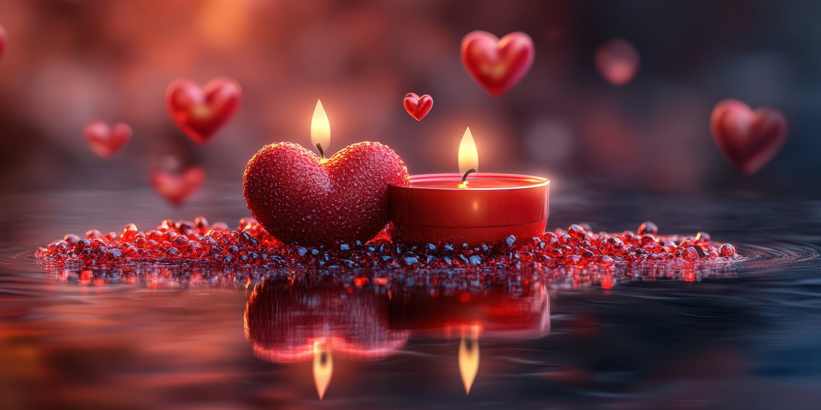 Romantic candle display on water surface with heart-shaped decorations at dusk